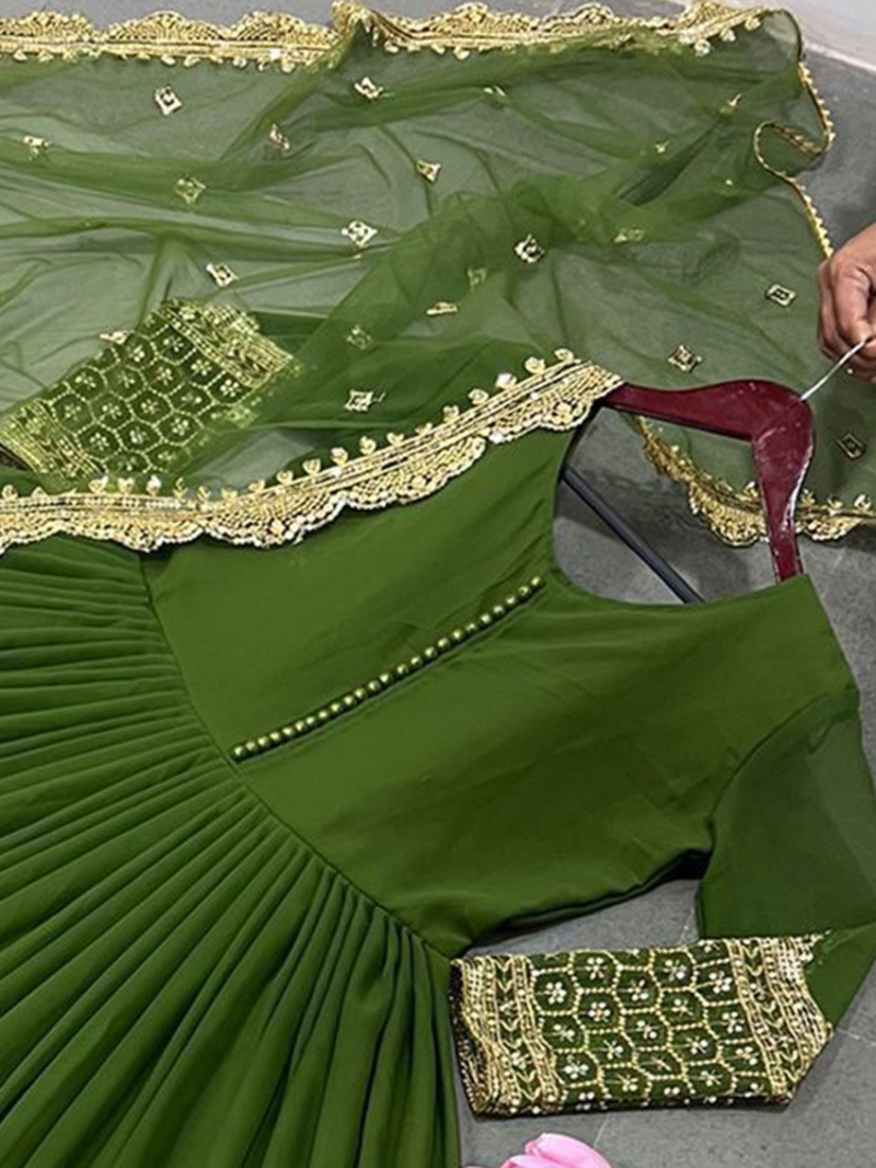 Elegant Festive  Green Embroidered Anarkali Gown Suit