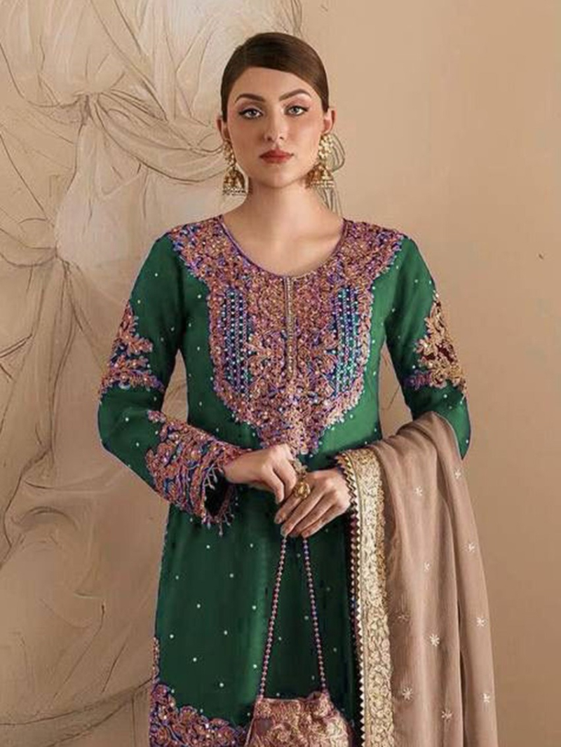 Authentic Emerald Green and Gold Faux Georgette Embroidered Sharara Suit