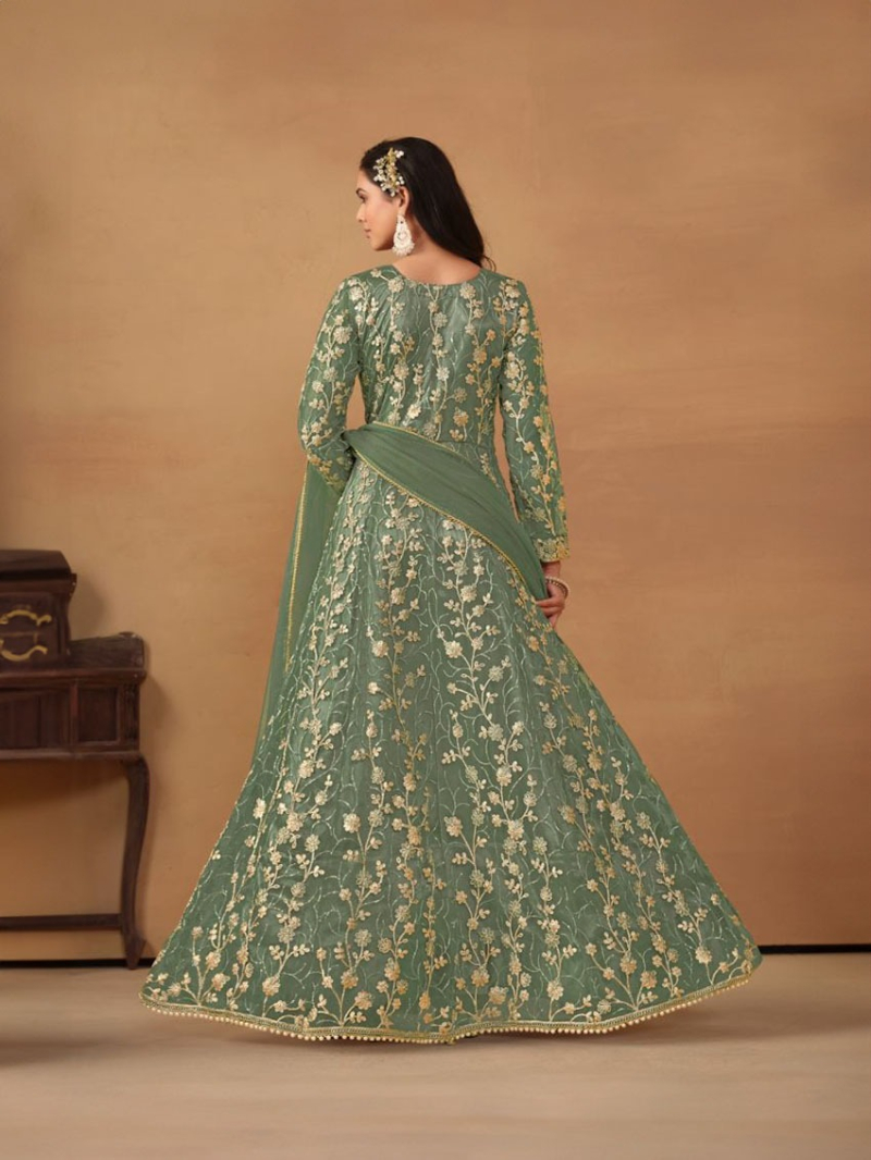 Elegant Greyish Green Butterfly Net Anarkali Suit