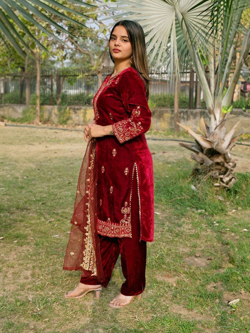 Elegant Ethnic Traditional Festive Maroon Viscose Velvet Straight Suit