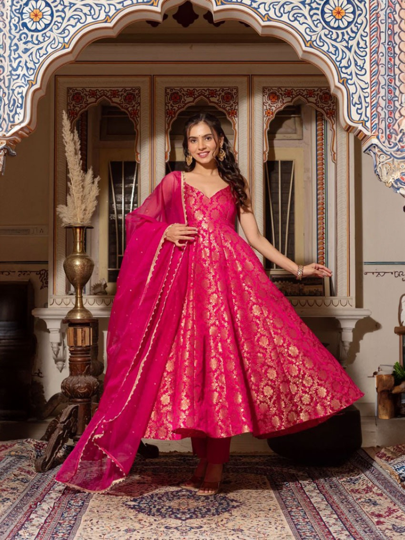 Authentic Ethnic Festive Rani Pink Viscose Jacquard Anarali Suit