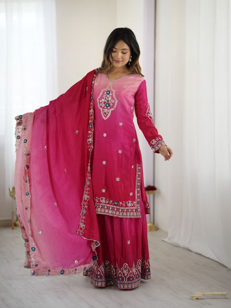 Traditional Ethnic Festive Rani Pink Chinnon Silk Sharara Suit