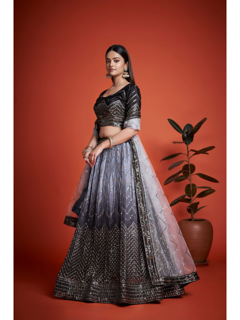 Festive Wear Chinon Silk Black and Grey Shaded Lehanga