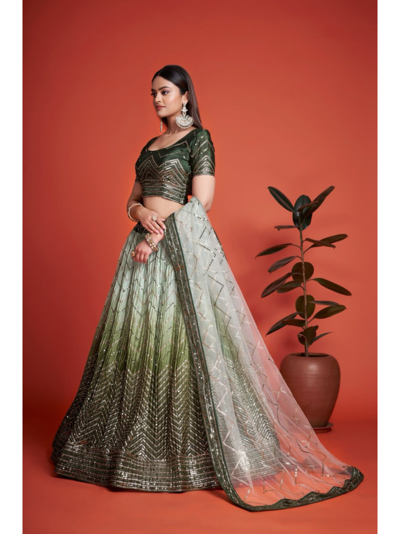 Festive Wear Chinon Silk Green Shaded Lehanga
