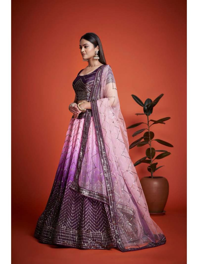Festive Wear Chinon Silk Pink And Purple Shaded Lehanga