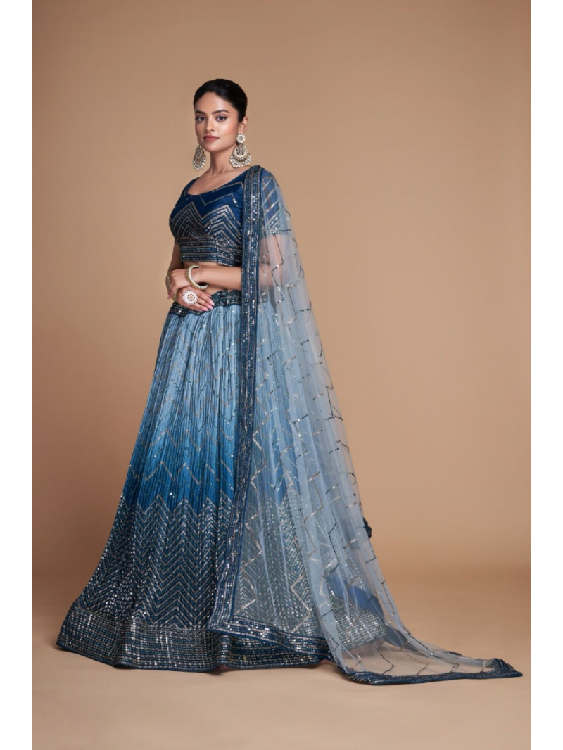 Festive Wear Chinon Silk Blue Shaded Lehanga