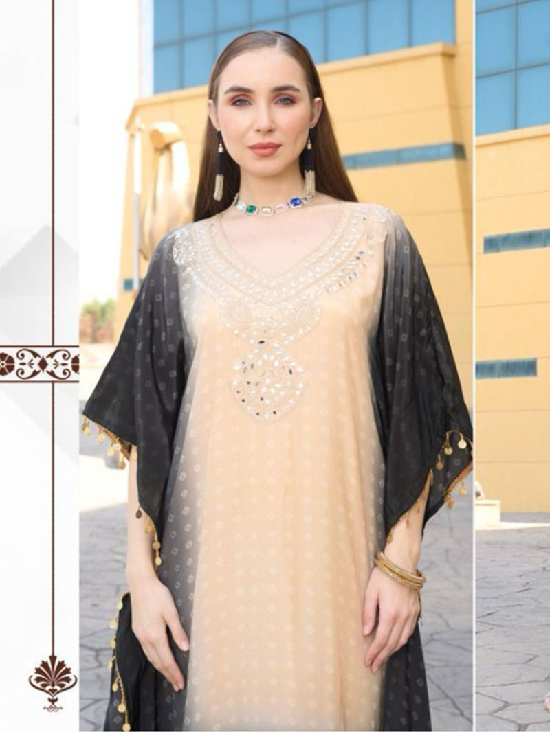  Pure Crepe Black and Beige Kaftan