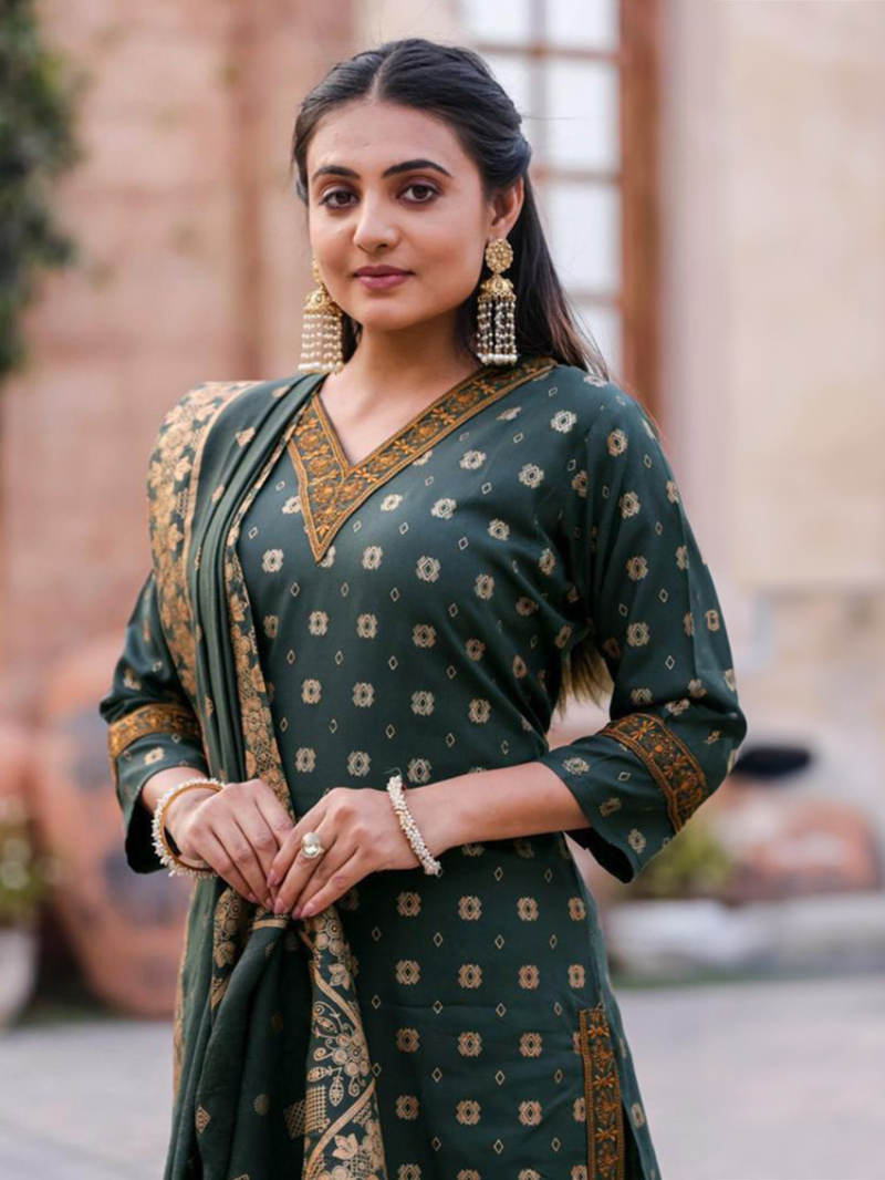 Ethnic Festive Green Rayon Chanderi Silk Straight Suit