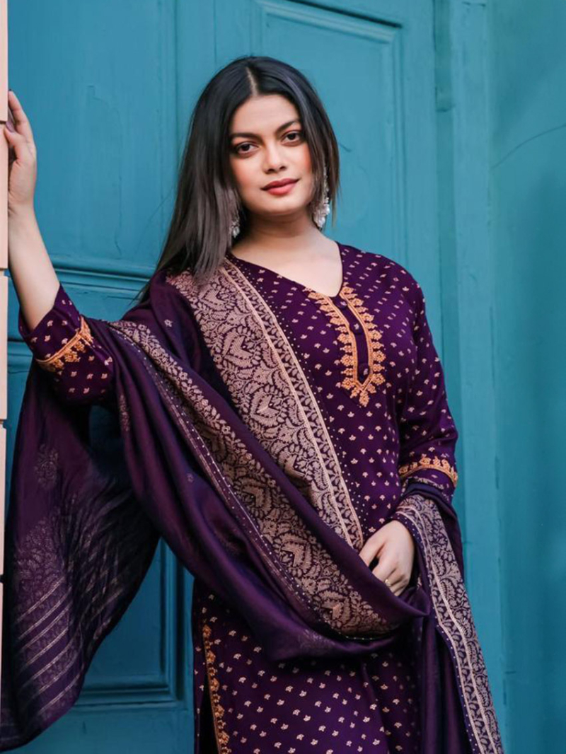 Ethnic Festive Purple Chanderi Silk Straight Suit