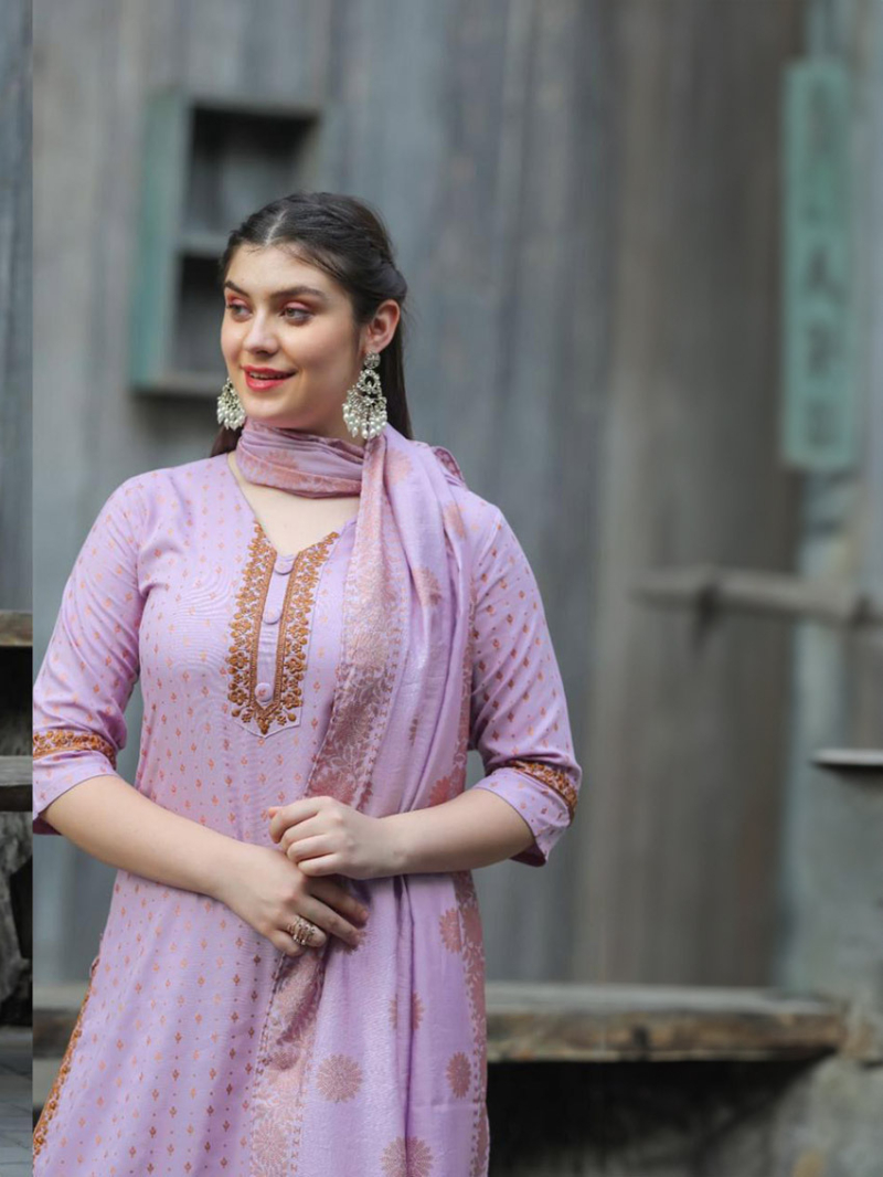 Elegant Ethnic Light Pink Rayon Chanderi Silk Straight Suit