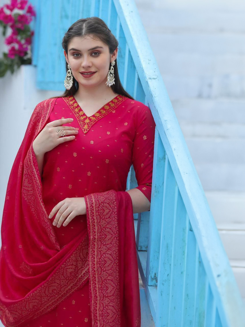 Elegant Ethnic Red Rayon Chanderi Silk Straight Suit