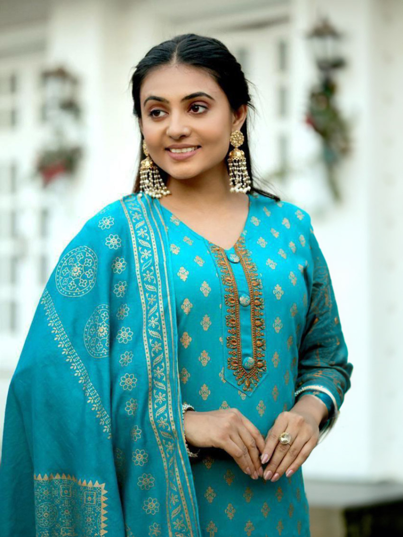 Ethnic Elegant Aqua Blue Chanderi Silk Straight Suit