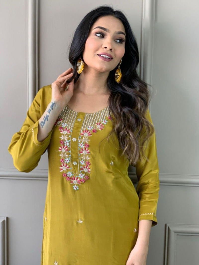 Elegant Ethnic Festive Mehandi Green Straight Suit