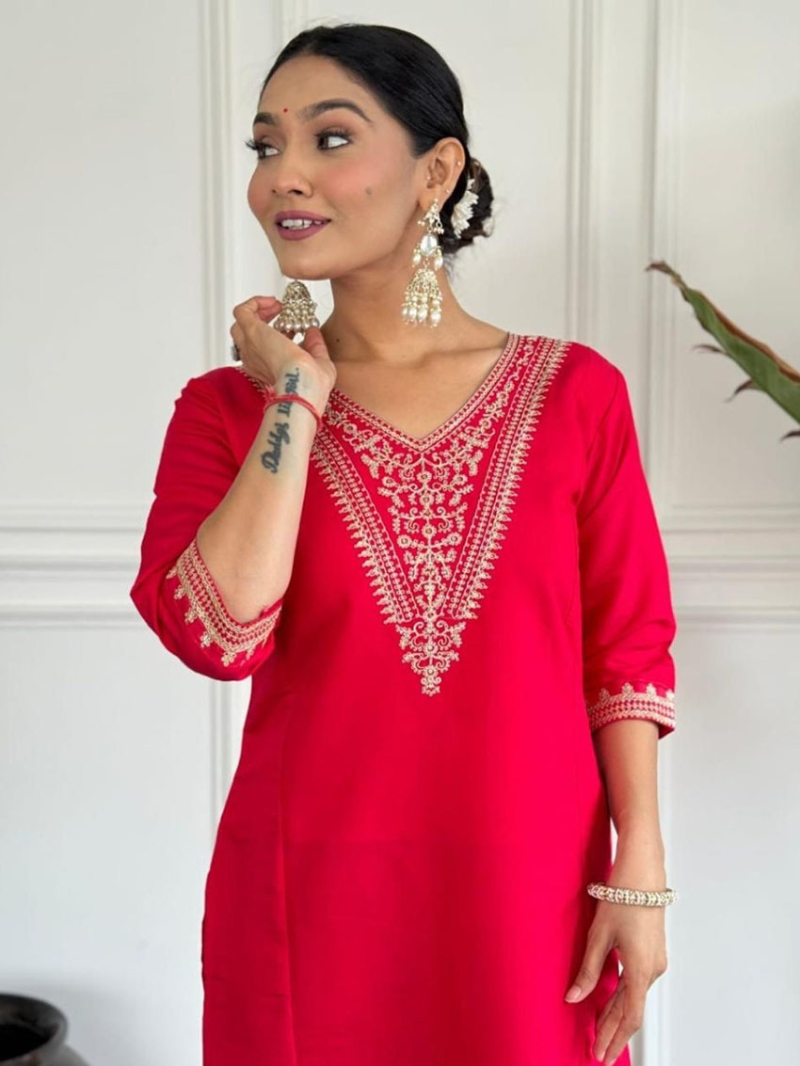 Elegant Ethnic Rani Pink Roman Silk Straight Suit