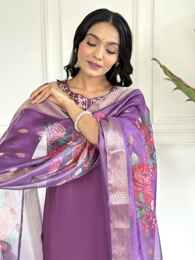 Elegant Ethnic  Purple Viscose Roman Silk Straight Suit