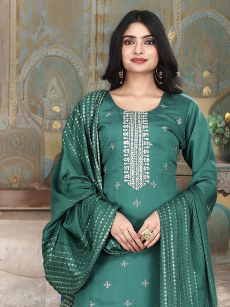 Traditional  Ethnic Teal  Jacquard Roman Silk Straight Suit