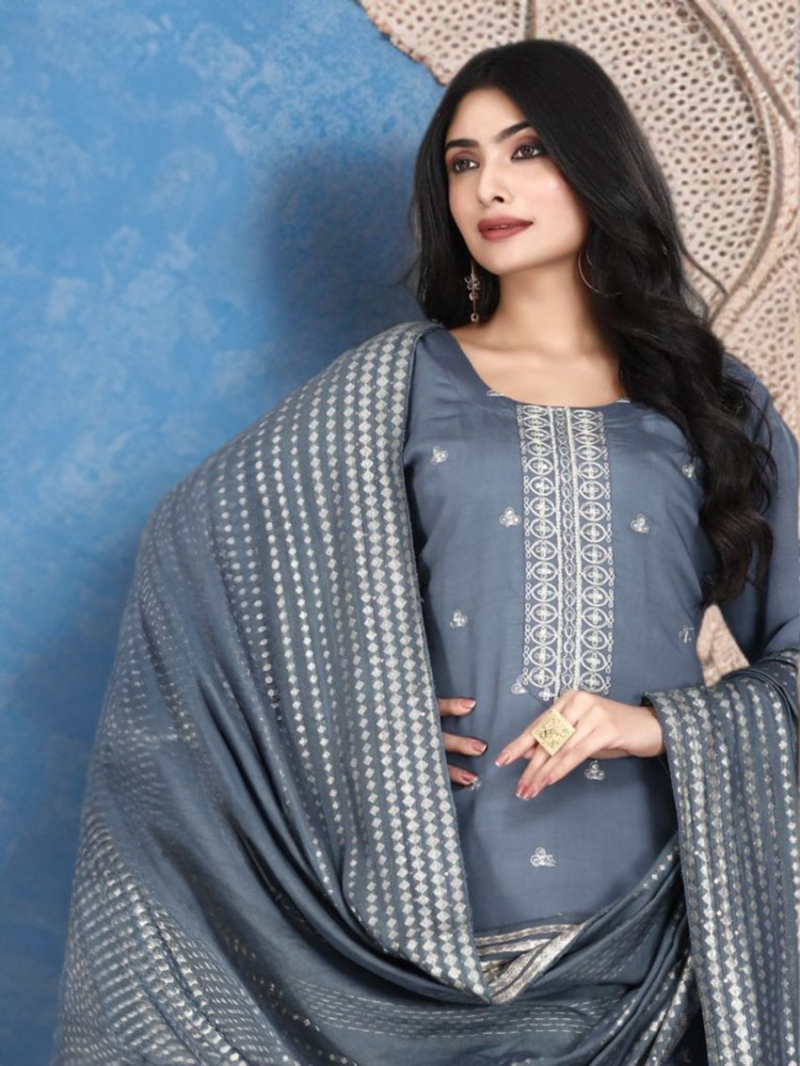 Festive Traditional Grey  Jacquard Roman Silk Straight Suit