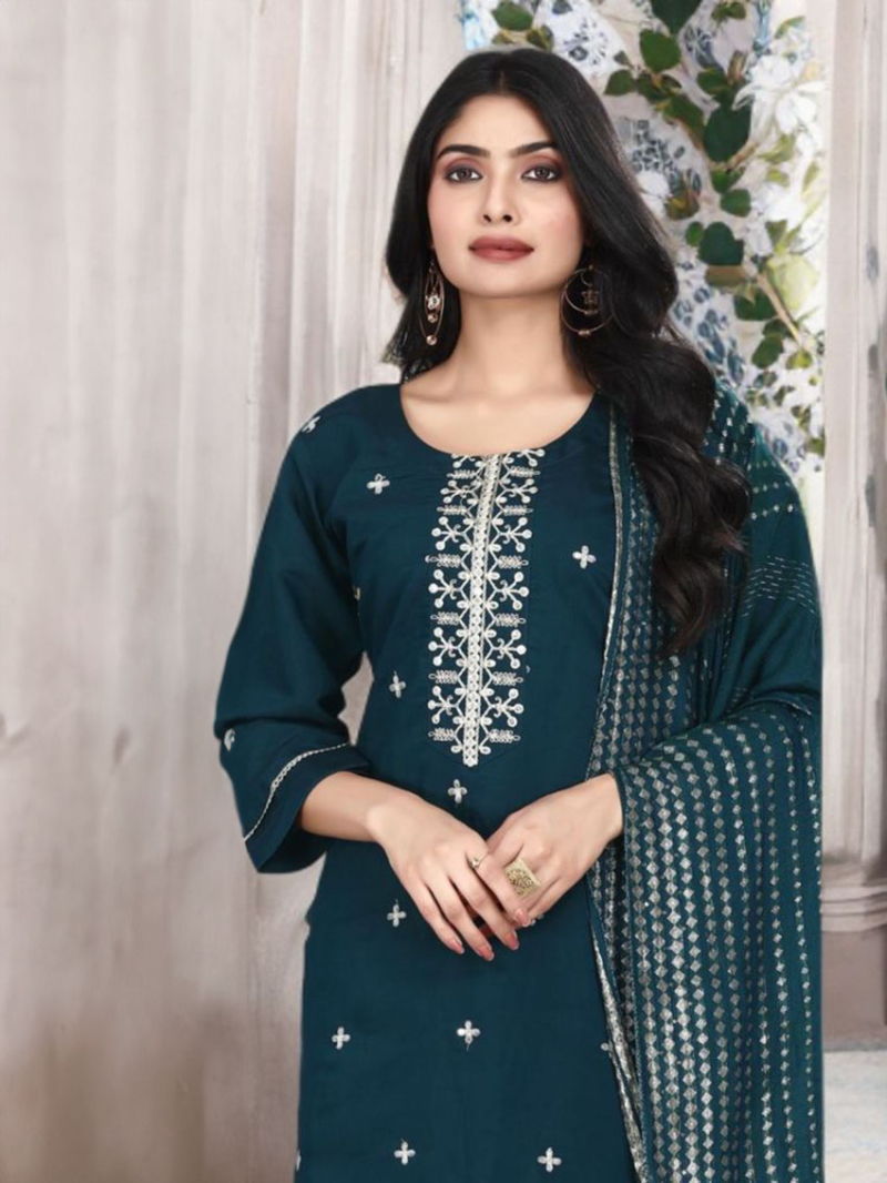Ethnic Festive  Jacquard Teal Roman silk Straight Suit
