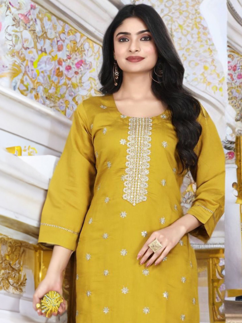 Ethnic Festive Jacquard Yellow Roman silk Straight Suit