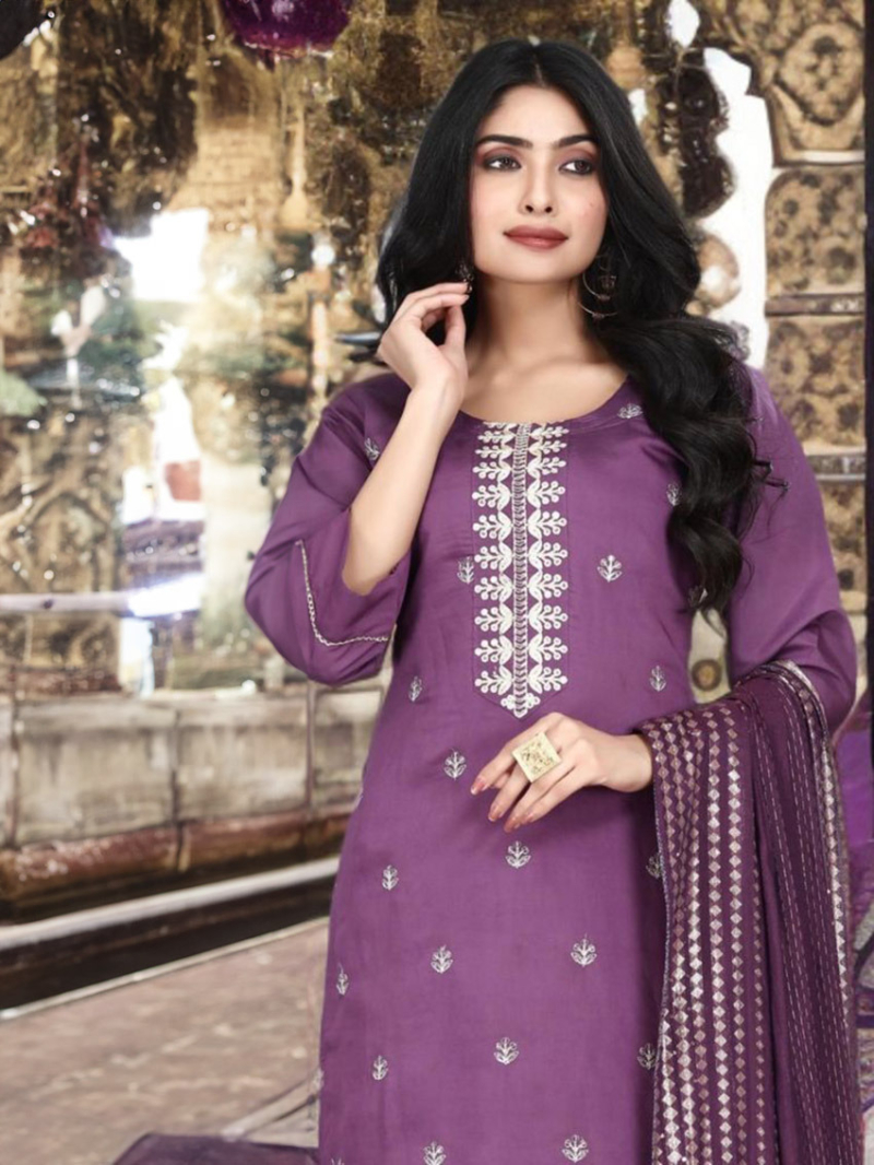 Elegant Ethnic Purple Jacquard Roman Silk Straight Suit