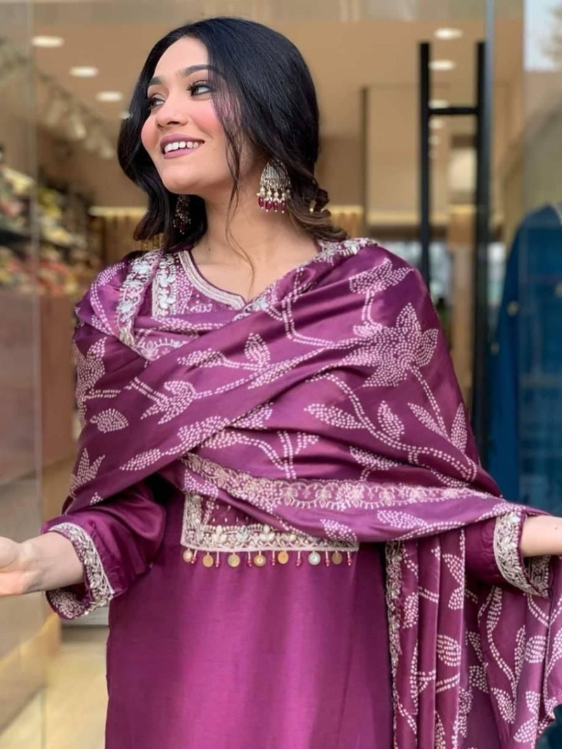 Elegant Traditional Purple Roman Silk Straight Suit