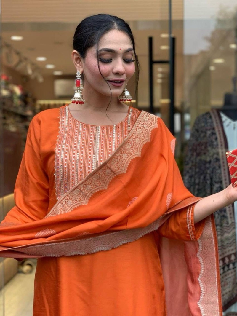 Elegant Ethnic Rust Rayon Straight Suit