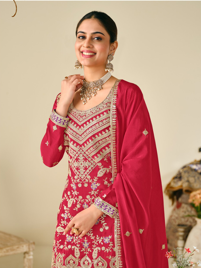 Elegant Traditional Rani Pink Chinnon Silk Plazo Suit