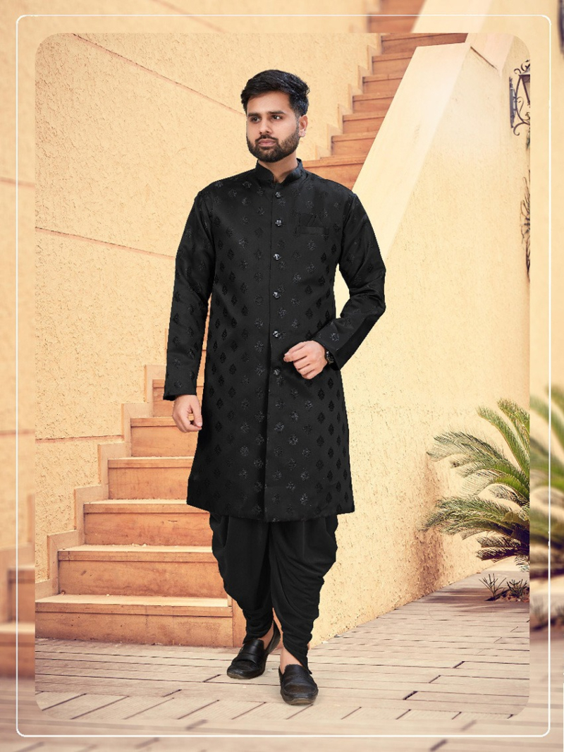 Festive Wear Heavy Jacquard Black Indowestern