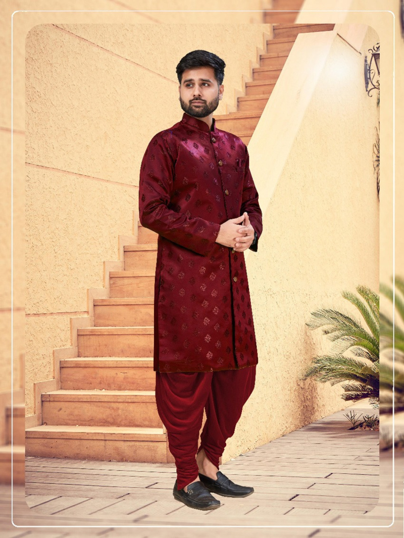 Authentic Maroon Jacquard Indowestern