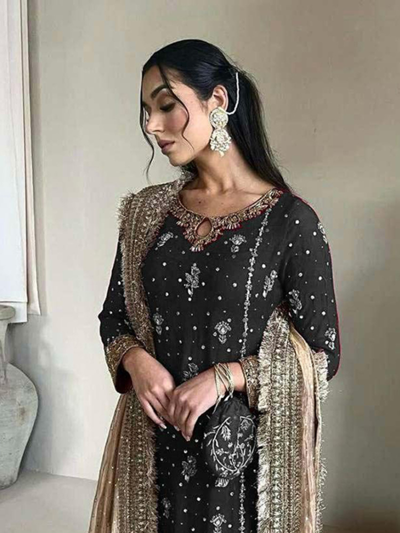 Elegant Ethnic Black Faux Georgette Plazo Suit