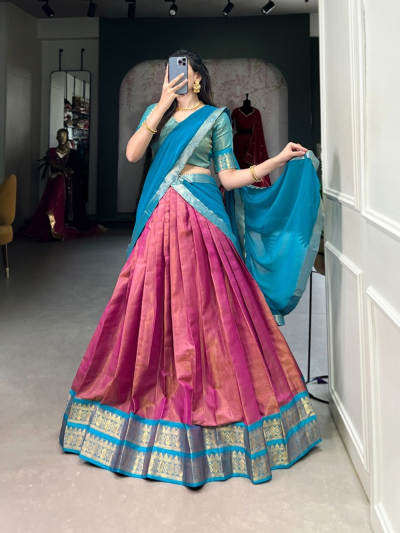Elegant Ethnic Rani Pink & Teal Blue Kanchipuram Lehanga Suit