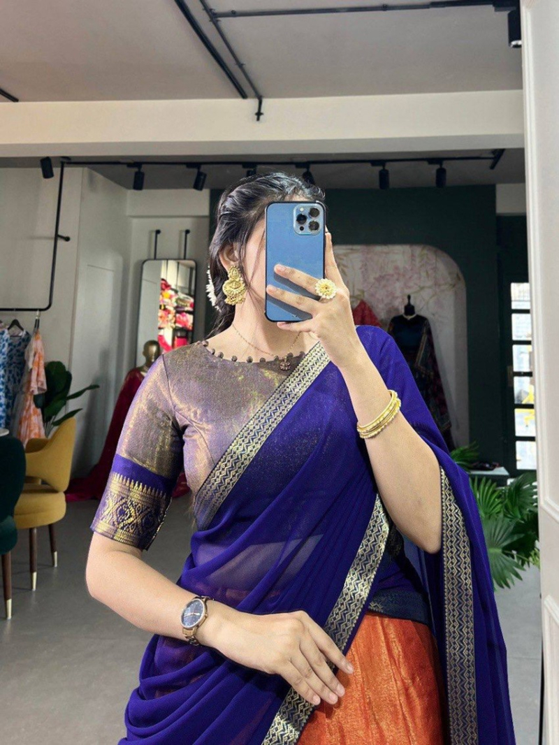 Ethnic Elegnat Festive Orange & Navy Blue Kanchipuram Silk Lehanga Suit