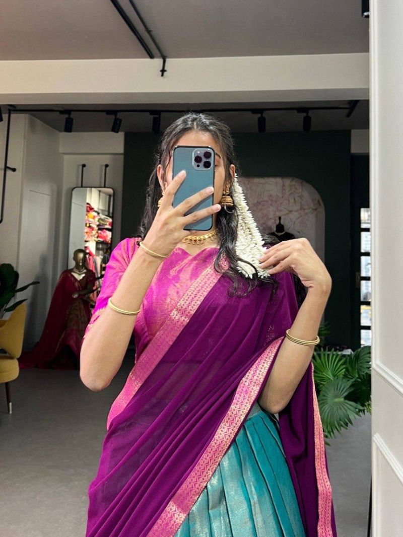 Ethnic Traditional Festive  Teal Blue & Magenta Kanchipuram Silk Lehanga Suit