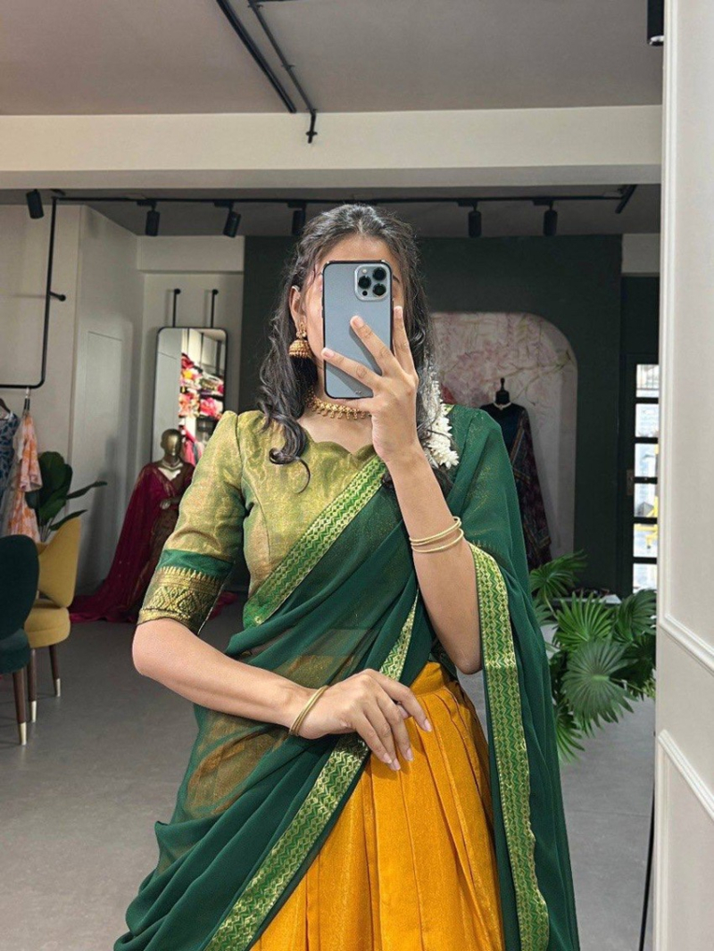Elegant Ethnic Festive Mustard & Bottle Green Kanchipuram Silk Lehanga Suit