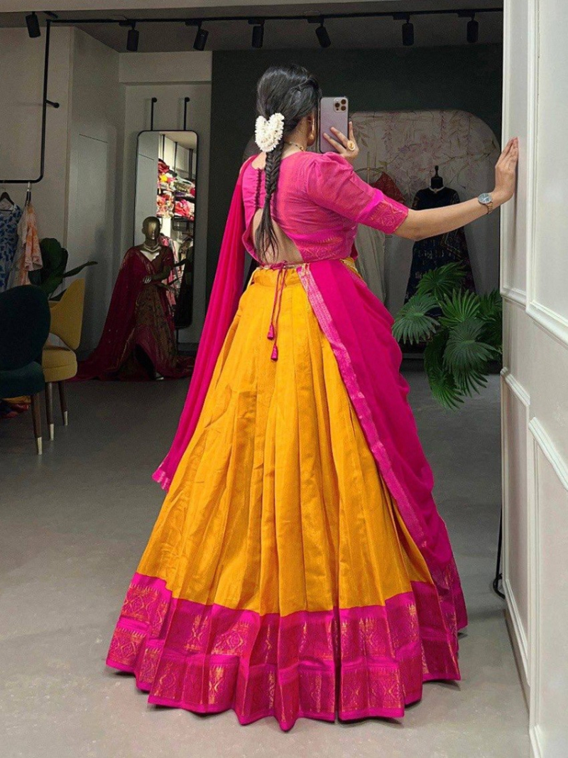Elegant Ethnic Royal Yellow & Rani Pink Kanchipuram Silk Lehanga Suit
