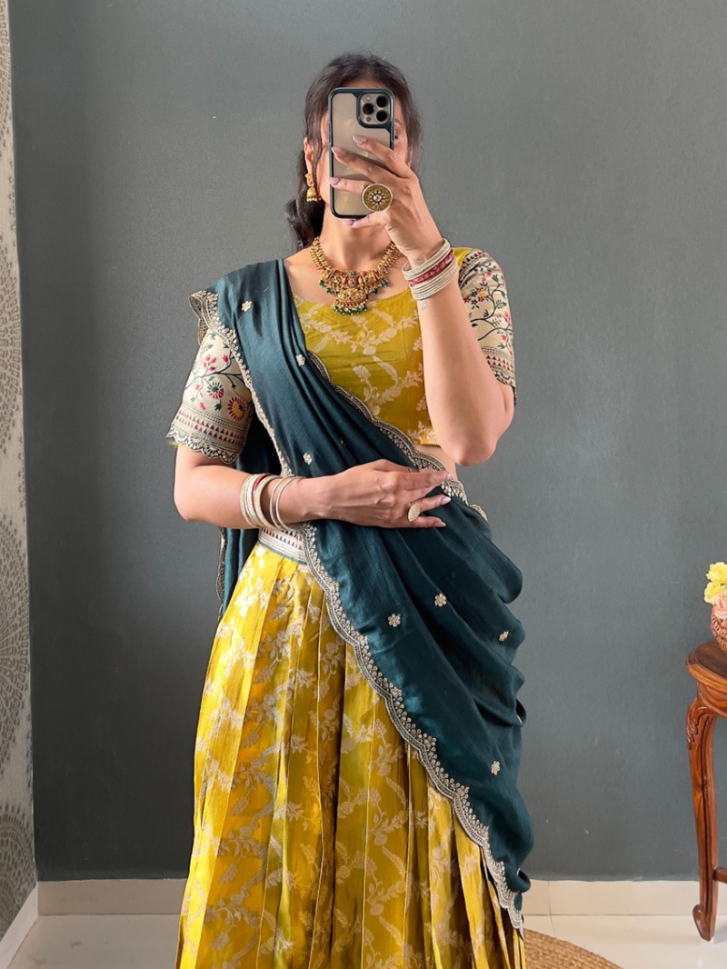 Authentic  Elegant Tissue Silk  Mustard Paithani Lehanga Suit