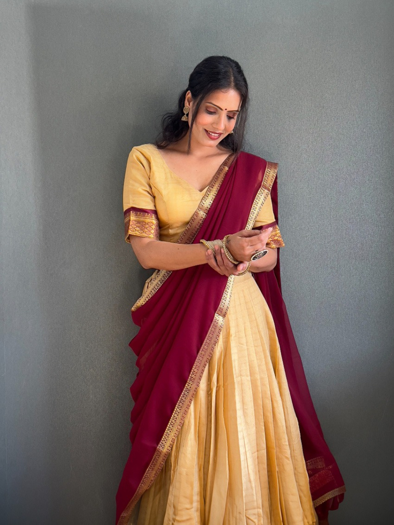 Ethnic Festive Royal Paithani  Beige Cotton Silk Lehanga Suit