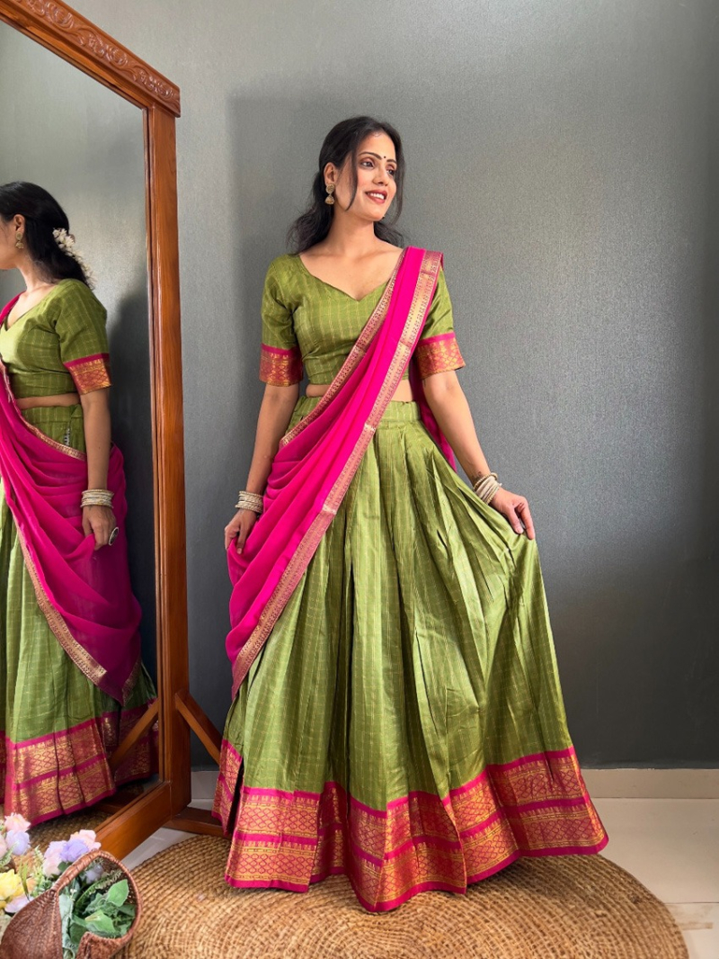 Traditional Festive Cotton Silk Olive Green Paithani Lehanga Suit