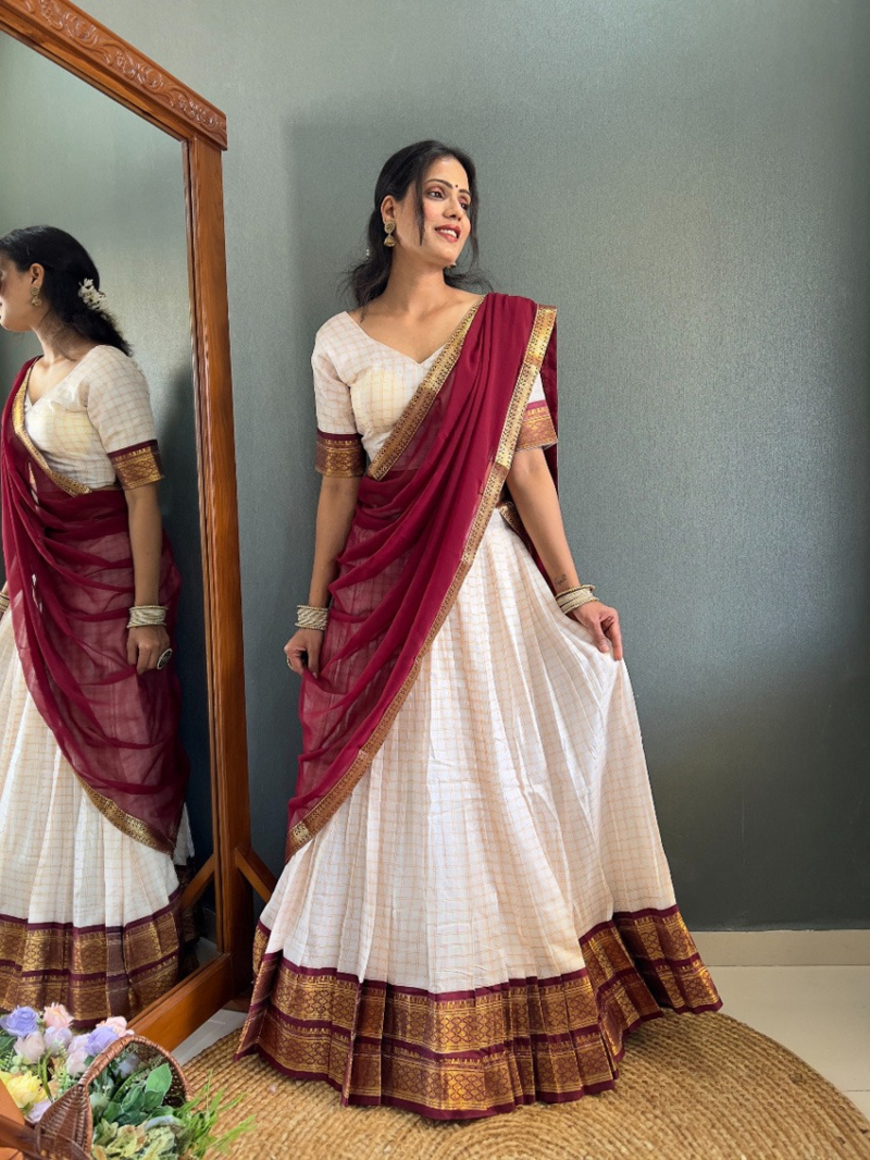 Elegant White & Maroon Checked Cotton Silk Paithani Lehanga Suit