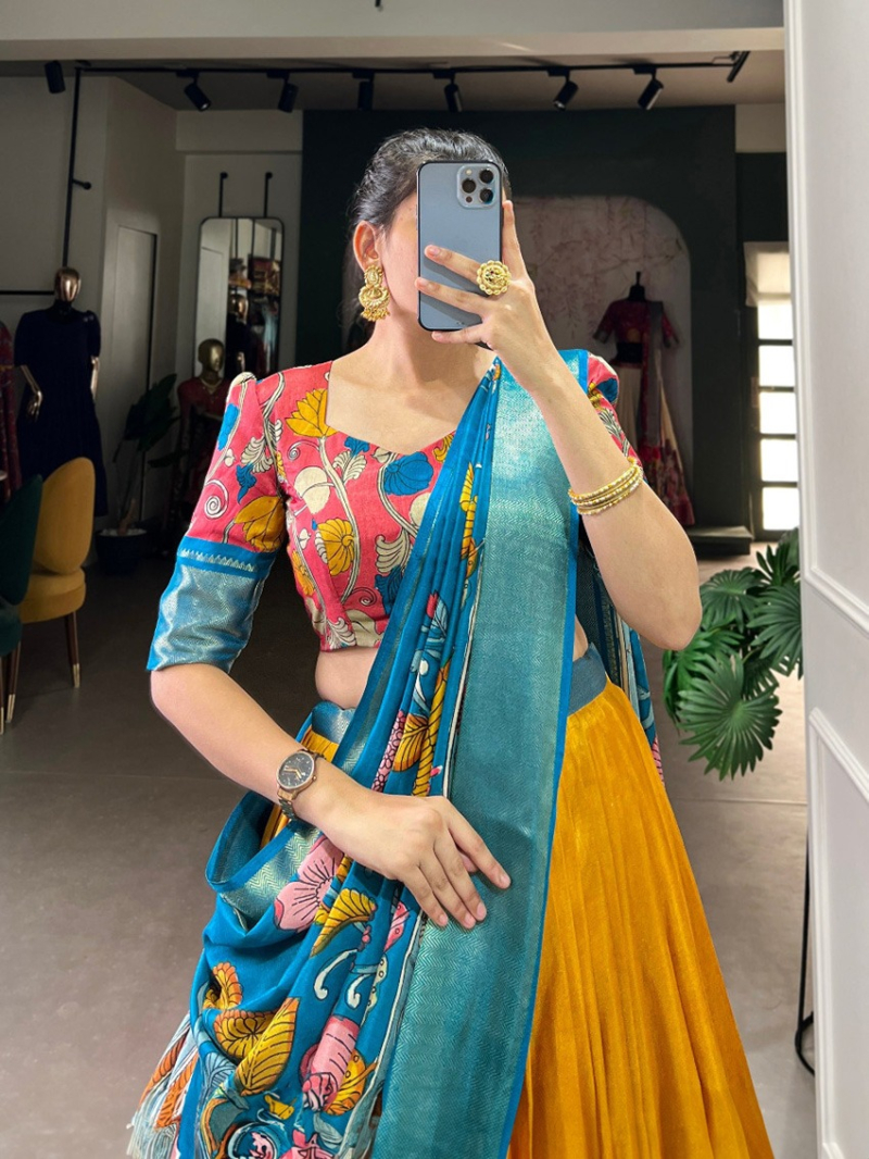 Ethnic Traditional Festive  Mustard & Teal  Dola Silk Lehanga Suit