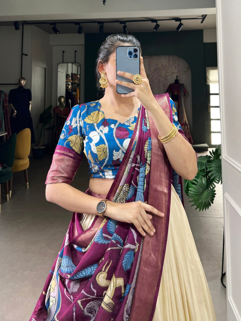Ethnic Traditional Festive Dola Silk Ivory & Wine Lehanga Suit