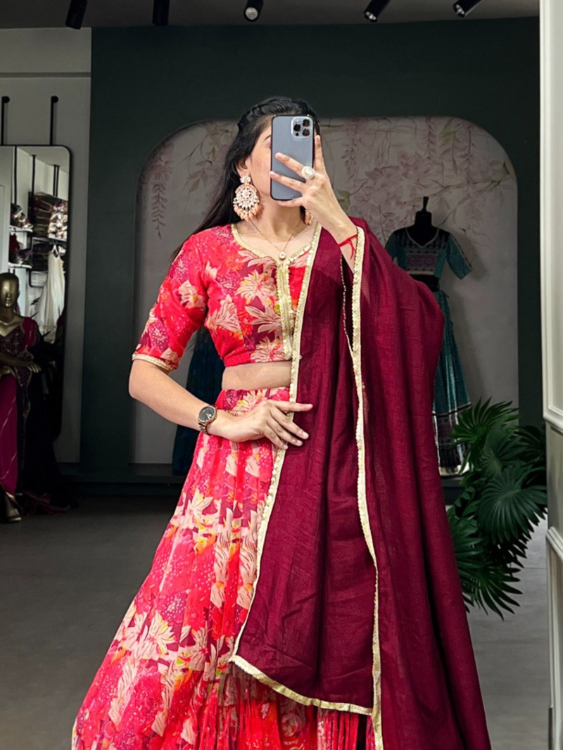 Ethnic Festive Traditional Red Floral Tussar Silk Lehanga Suit