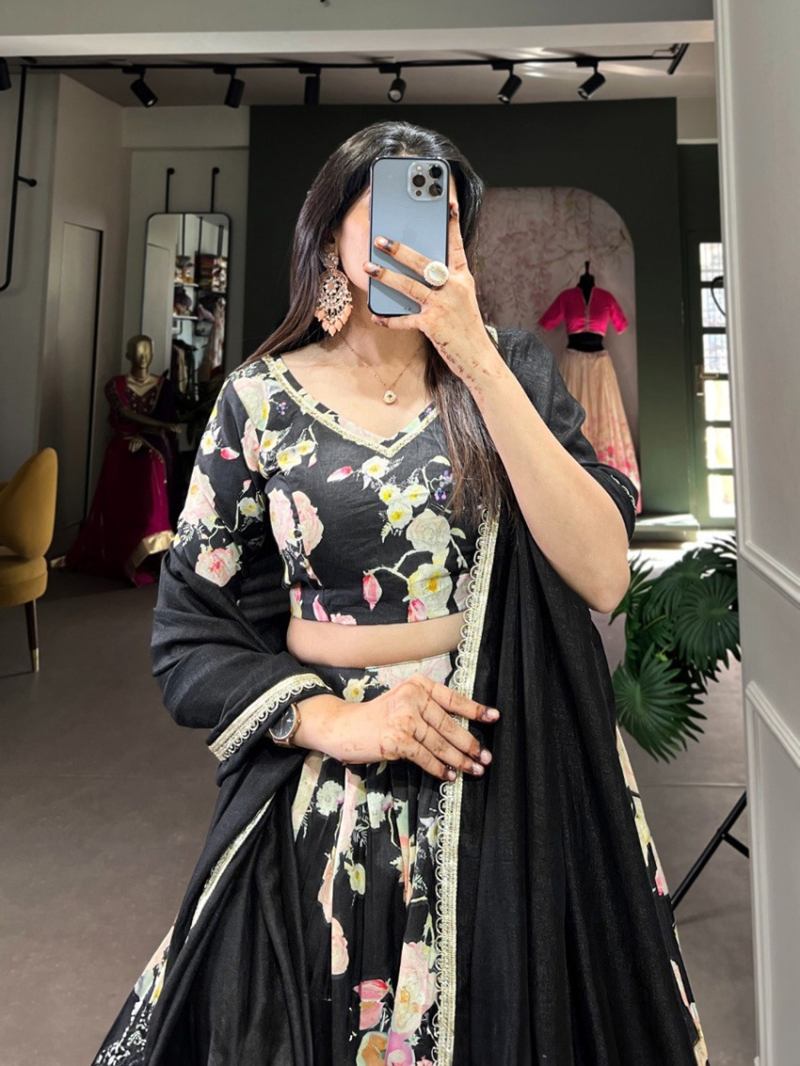 Elegant Ethnic Festive Black Floral Tussar Silk Lehanga Suit