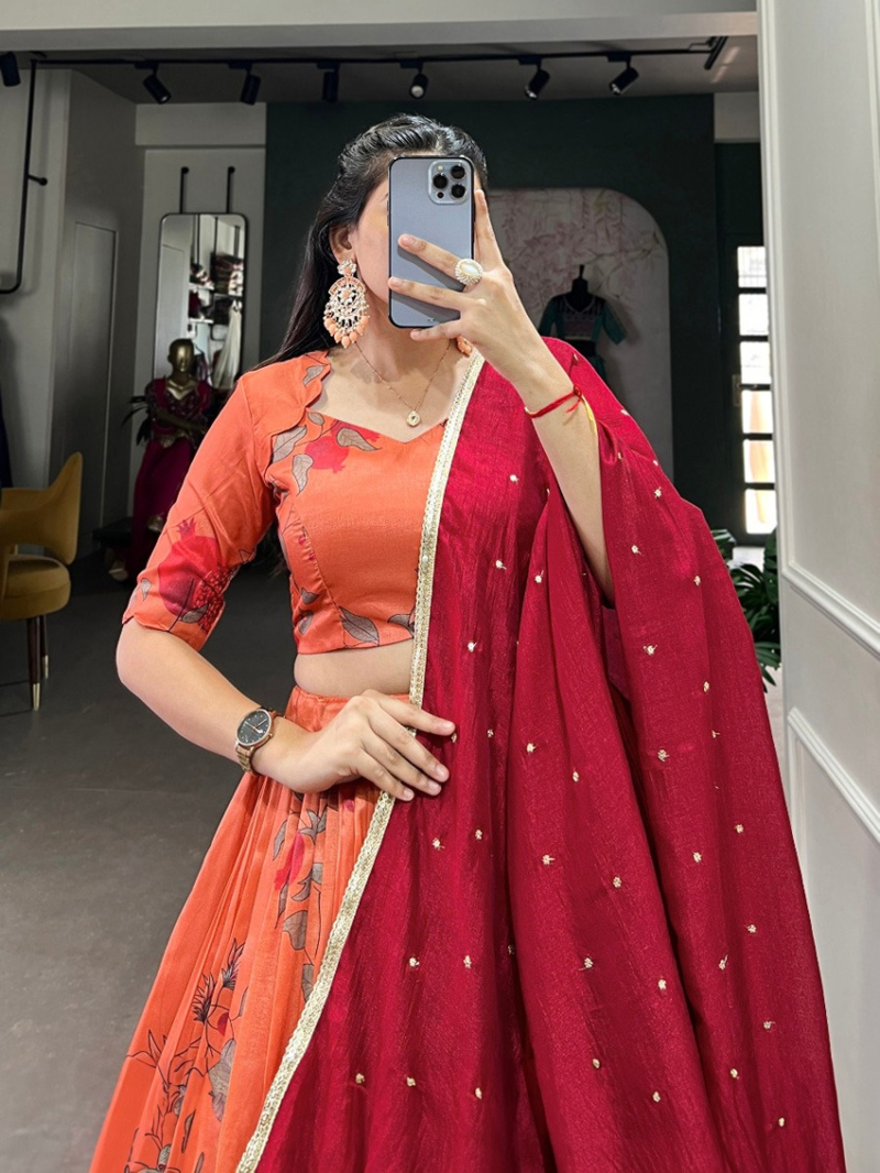 Elegant Ethnic Festive Rust Tusser Silk Lehanga Suit