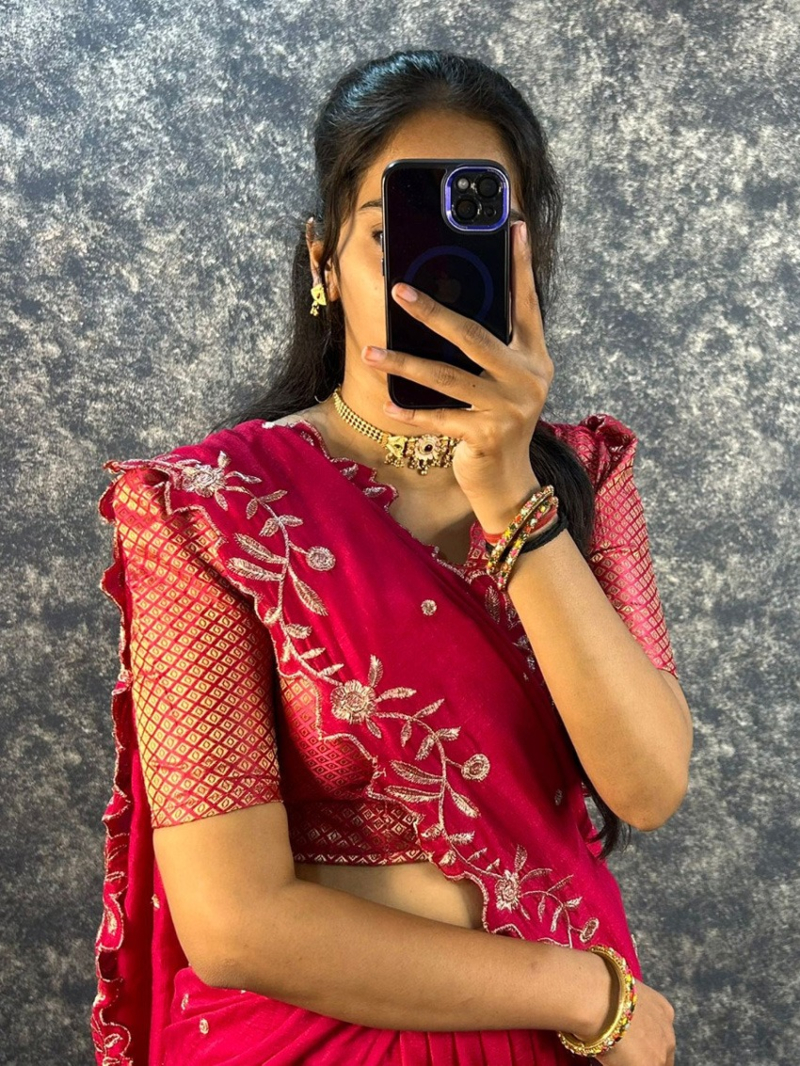 Elegant Ethnic Vichitra Silk Red Lehanga Suit
