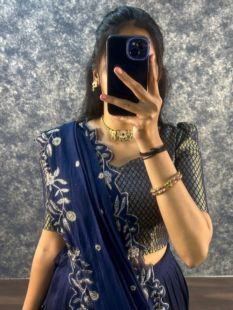 Elegant Ethnic Festive  Navy Blue Vichitra Silk Lehanga Suit