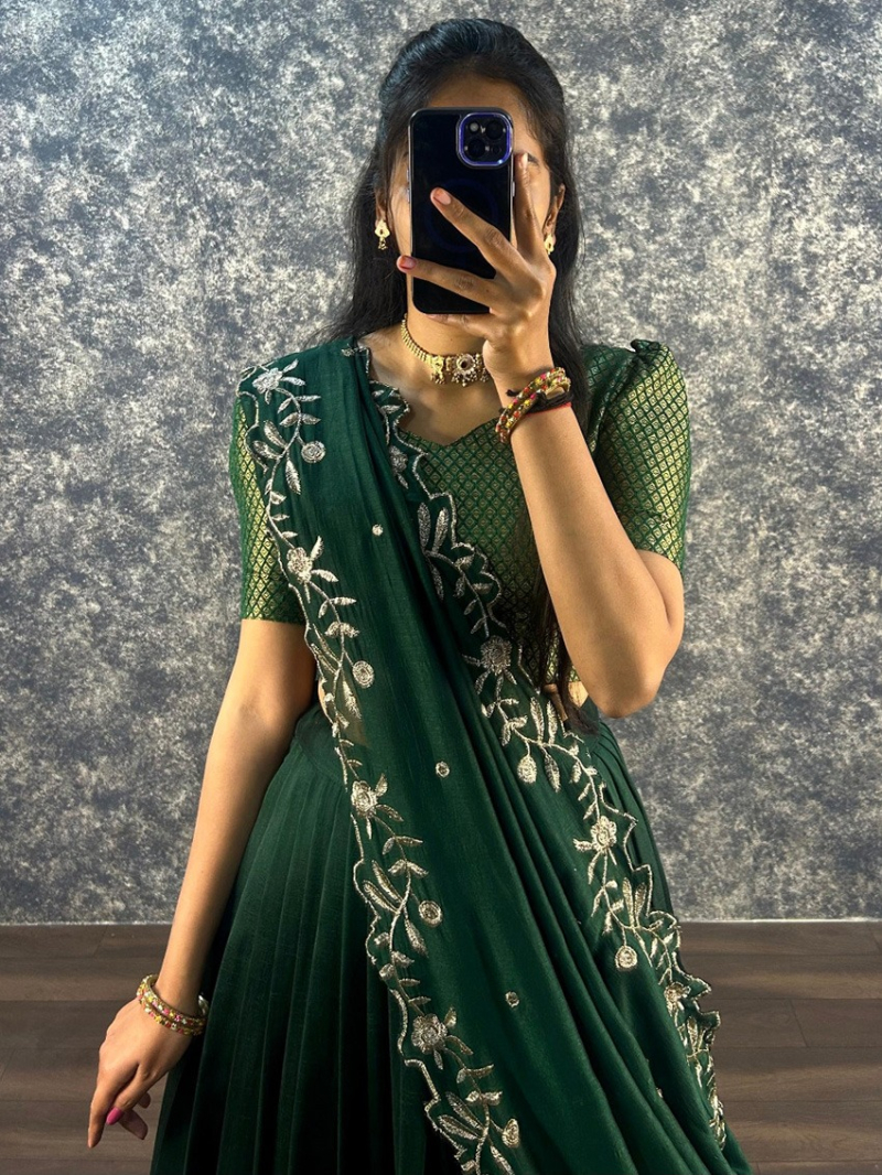  Ethnic Festive Royal Green Vichitra Silk Lehanga Suit