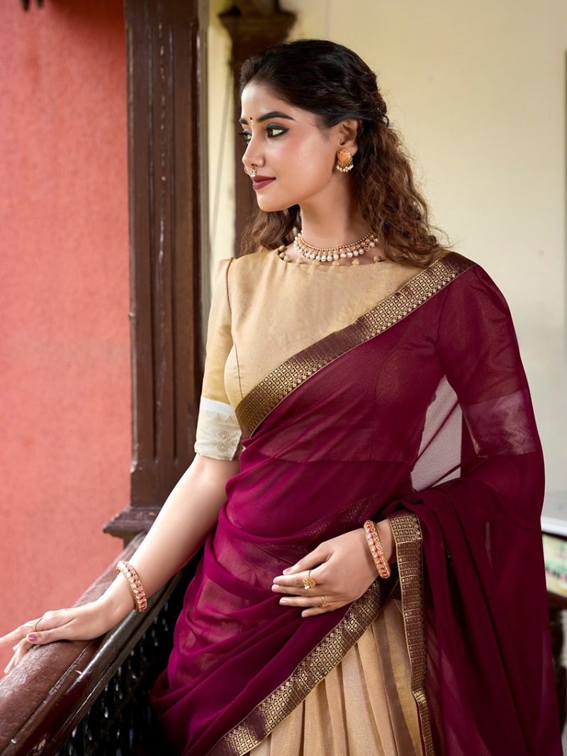 Elegant Ethnic Festive Beige & Maroon Kanchipuram Lehanga Suit