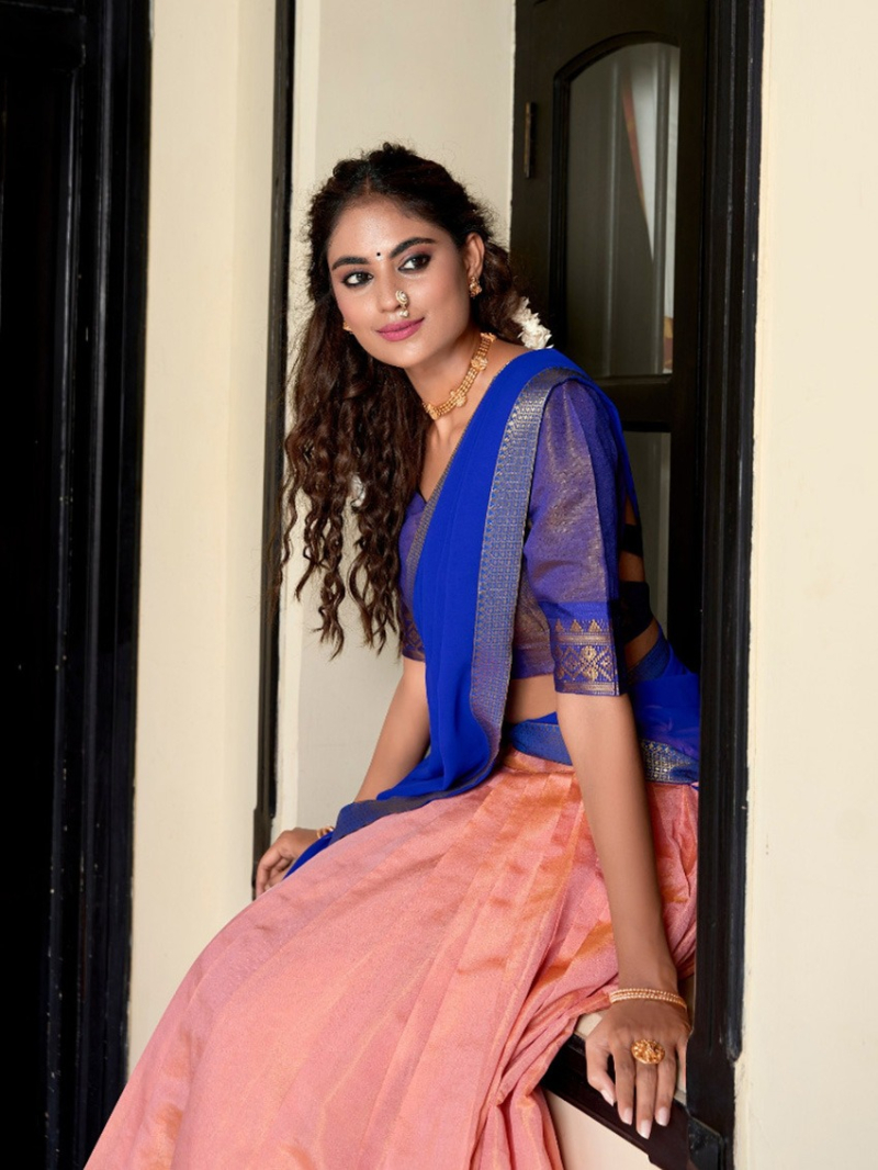 Elegant Ethnic Royal Blue  & Peach  Kanchipuram Lehanga Suit