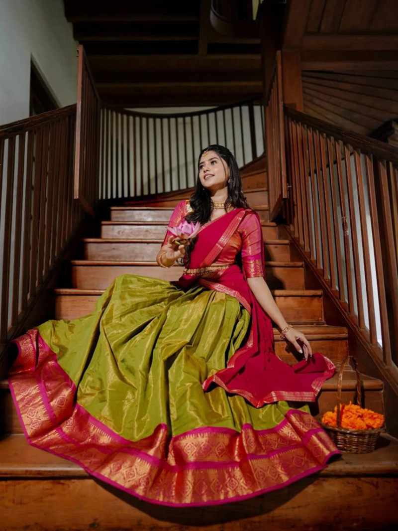 Ethnic Elegant Festive Olive Green & Rani Pink Kanchipuram silk lehanga Suit